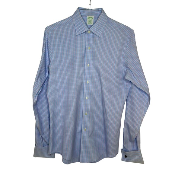 BROOKS BROTHERS Men's Dress Shirt Blue 15.5 36 Check Non-Iron French Cuff - Picture 2 of 7